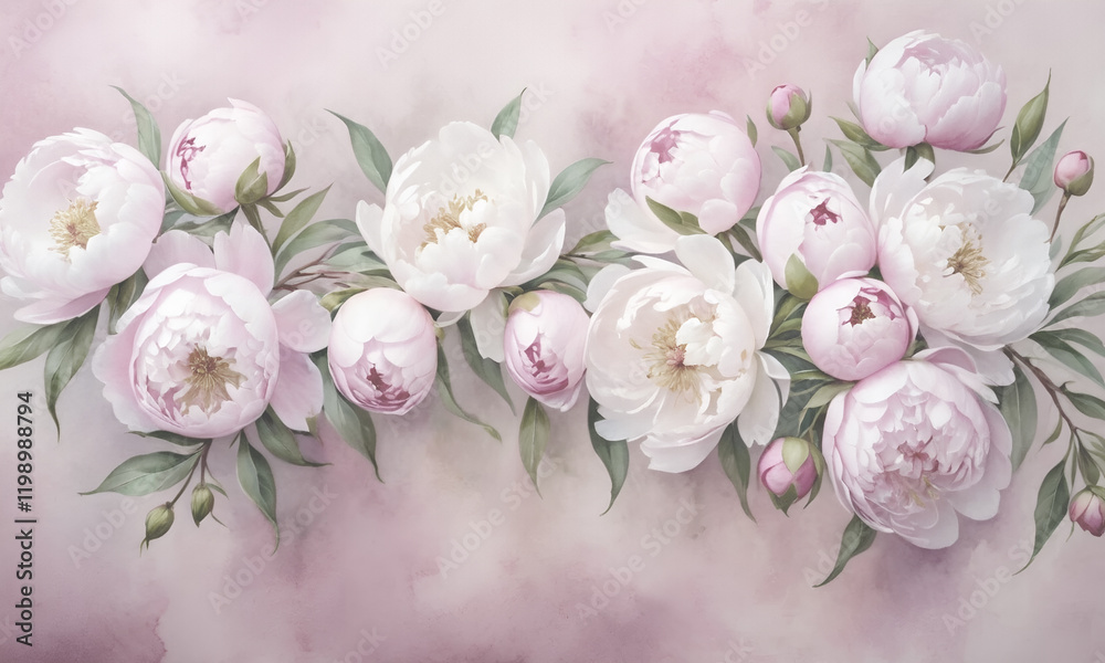 Big beautiful peonies. 3D drawing. Design for walls. Wallpaper for the room. Background for the wedding. Flowers painted with paints. Big beautiful peonies. 3D drawing. Design for walls. Wallpaper for the room. Background for the wedding. Flowers painted with paints.