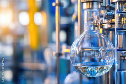 Clear laboratory glassware in a modern lab setting, showcasing science equipment with beautiful bokeh effect highlighting flasks and test tubes in warm tones. photo