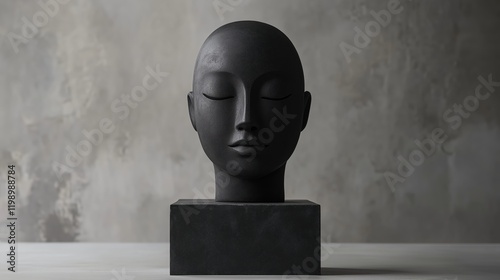 A matte black sculptural head with a serene expression and closed eyes, its simple contours standing out starkly against a soft gray backdrop. photo