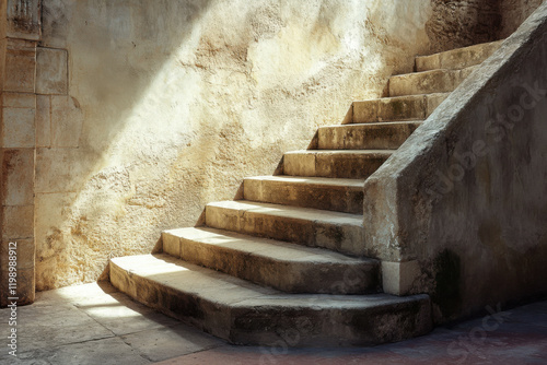 Sunlight streaming through an ancient stairwell in a historic stone building creates a warm and inviting atmosphere