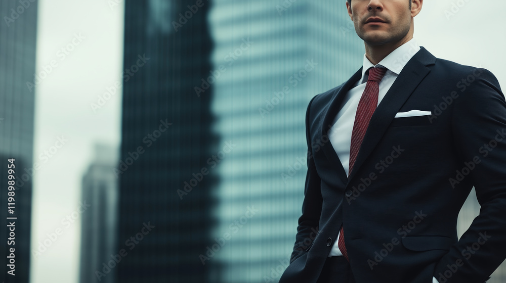 Fototapeta premium Businessman in black suit with red tie against blurred building background. Corporate advertising and management