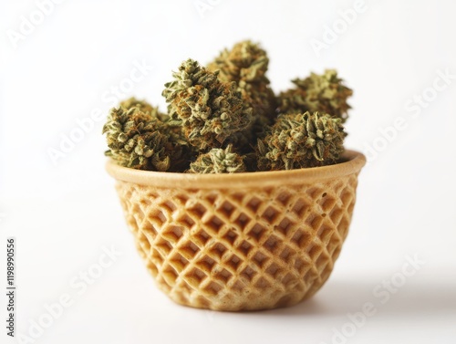 Ice cream cone adorned with marijuana leaves,  cannabis buds served in ice cream cone