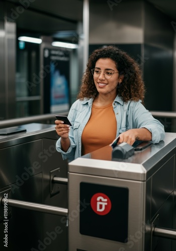 Young woman using card at subway turnstile in modern urban metro station photo