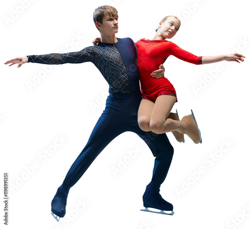 Professional ice skating partners perform difficult lift, show their elegance against transparent background. Artistic ice dance. Concept of winter sport, elegance and grace, championship. Ad photo