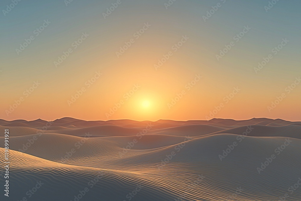 A serene desert landscape at sunset, with the sun setting behind dunes of golden sand that shimmer in the warm light. The sky is clear and calm. A serene desert landscape at sunset, with the sun setting behind dunes of golden sand that shimmer in the warm light. The sky is clear and calm.