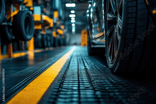 Close-Up of a Vehicle Tire on a Smooth Warehouse Floor in an Automotive Workshop Environment With Yellow Stripe Marking for Safety