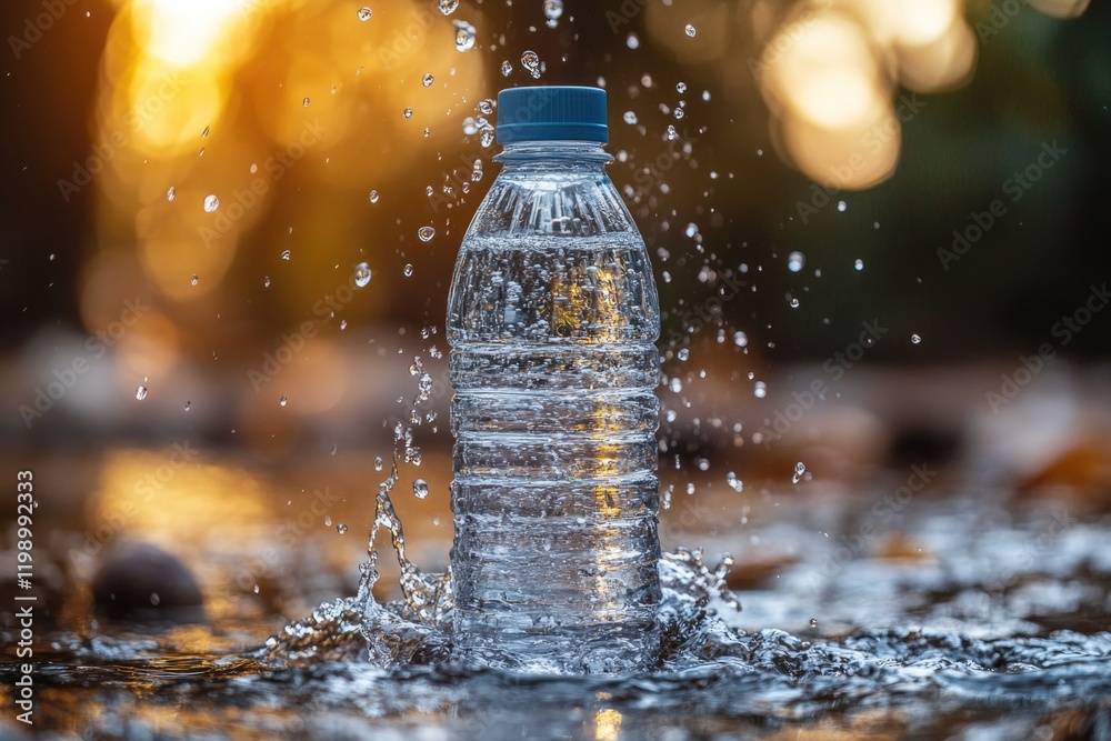A bottle of water spills onto the ground with a splash A bottle of water spills onto the ground with a splash