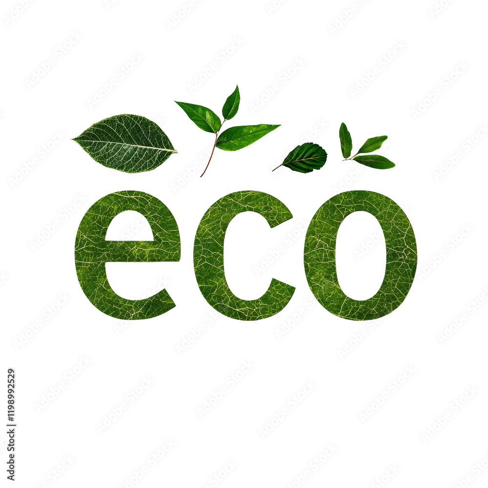 The image shows the word eco formed with green leaves on a white background, representing environmental themes. The image shows the word eco formed with green leaves on a white background, representing environmental themes.
