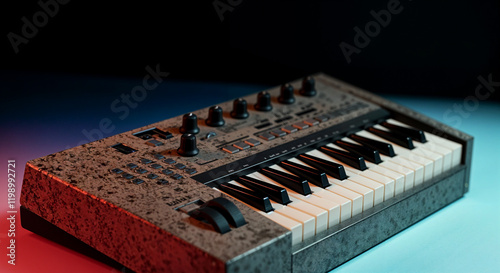 Vintage analog synthesizer with knobs and keys in dramatic lighting