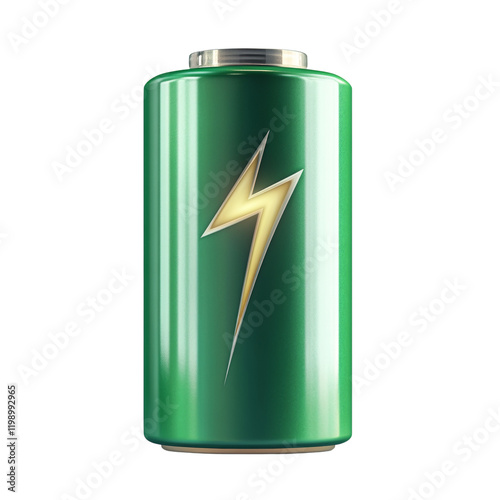 A digitally rendered image shows a large green cylindrical battery with a lightning bolt symbol indicating power and energy.