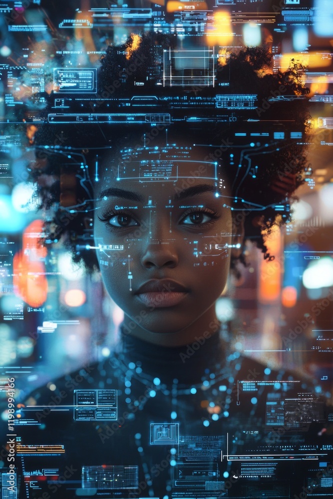 Fototapeta premium A young American African woman stands at the center of an abstract cityscape, surrounded by glowing digital screens and holographic images