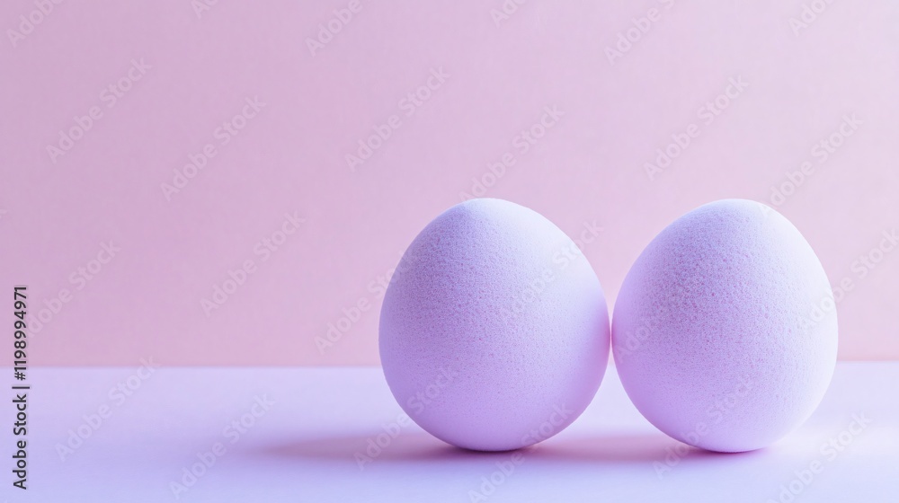 Fototapeta premium A pair of round makeup sponges, presented in a minimalist flat-lay setup on a pastel lavender backdrop