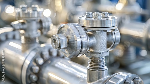 Stainless steel valve on polished industrial piping. Tight closeup with soft bokeh background. Conveys precision, safety, and reliable flow control. Ideal for manufacturing, engineering
