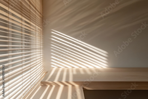 Beautiful sunlight streaming through blinds casts enchanting shadow patterns in a cozy indoor space photo