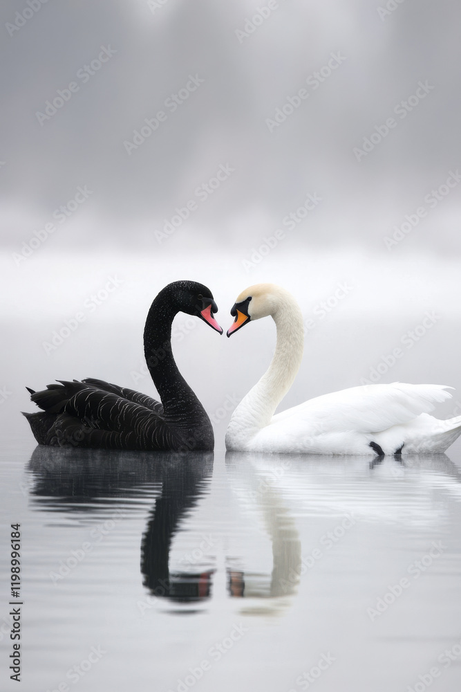 Fototapeta premium Black swan and white swan swimming on winter lake. Swans face each other with necks forming heart shape
