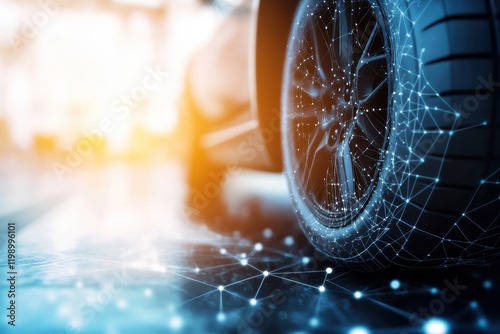 Close-Up View of a Car Tire with Digital Network Connections Illustrating Modern Vehicle Technology and Innovation in Automotive Industry