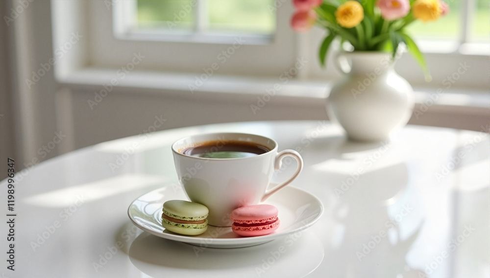 Porcelain cup with coffee and pastel macarons on a white table, indulgent delight Porcelain cup with coffee and pastel macarons on a white table, indulgent delight