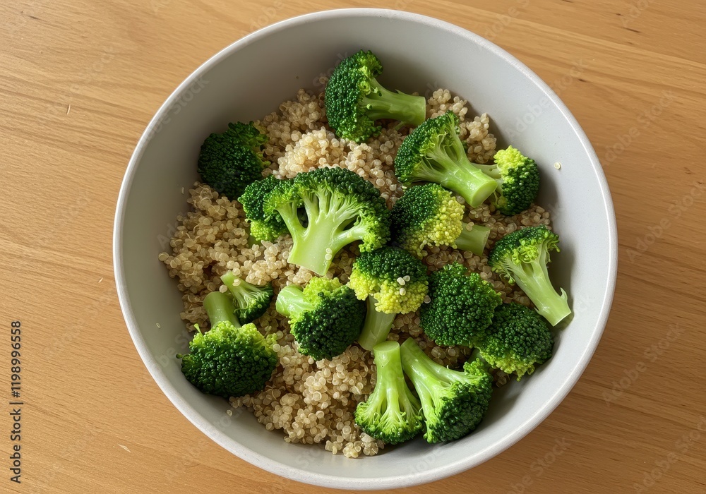 Healthy bowl of quinoa and broccoli on wooden table Healthy bowl of quinoa and broccoli on wooden table