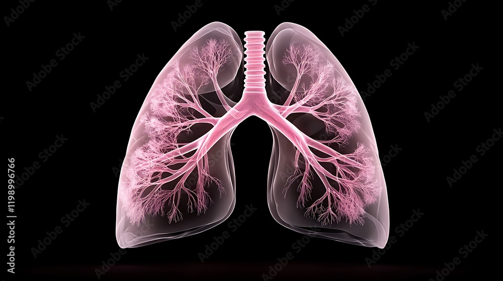 Anatomical illustration of human lungs showcasing detailed bronchial structure against a dark background Anatomical illustration of human lungs showcasing detailed bronchial structure against a dark background
