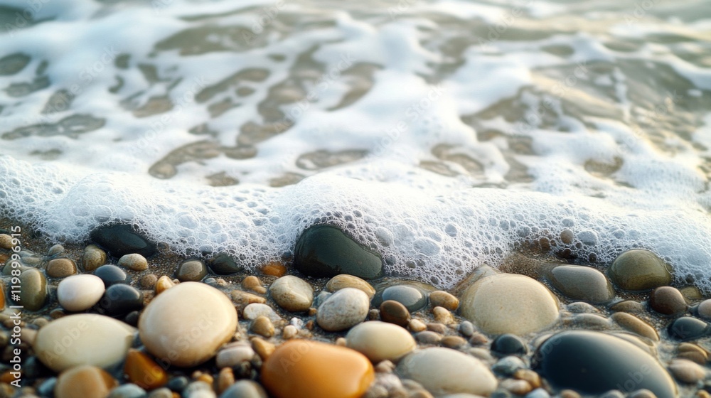 Foamy Ocean Waves Crashing Over Smooth Pebbles on a Sandy Beach Foamy Ocean Waves Crashing Over Smooth Pebbles on a Sandy Beach