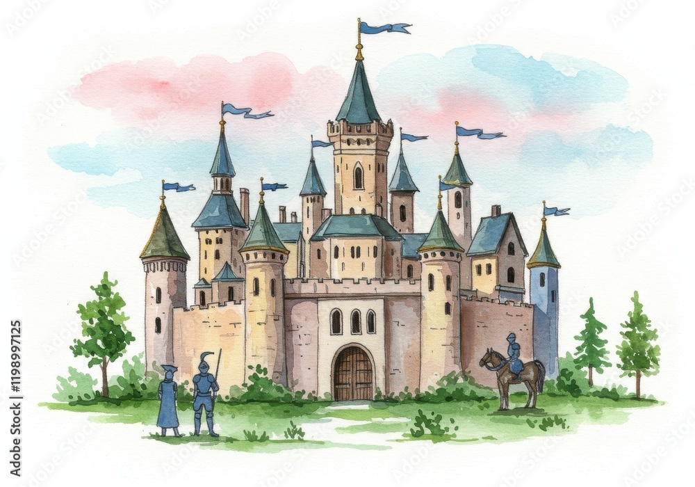 Whimsical medieval castle with knights and flags in watercolor painting Whimsical medieval castle with knights and flags in watercolor painting