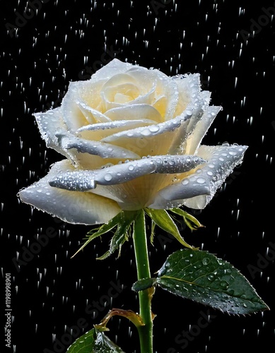 White rose with water drops and rain, white rose on a black isolated background