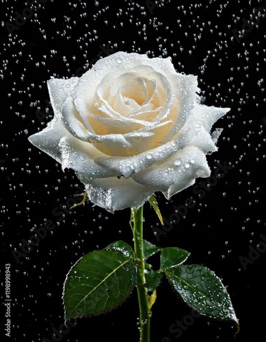 White rose with water drops and rain, white rose on a black isolated background