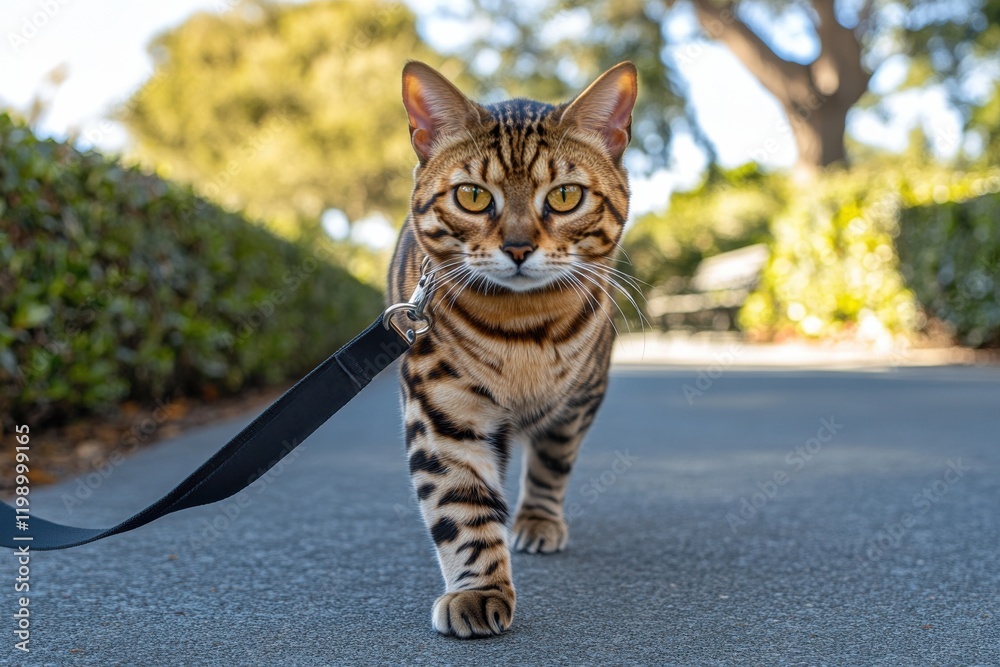 Naklejka premium Bengal cat with leash in park under bright sunlight