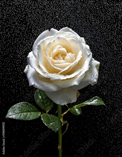 White rose with water drops and rain, white rose on a black isolated background