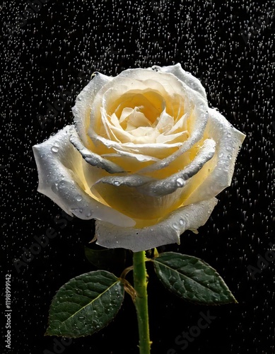 White rose with water drops and rain, white rose on a black isolated background