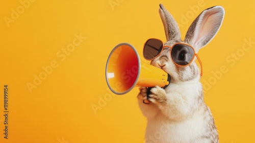 Wallpaper Mural Cool bunny in sunglasses with megaphone on orange background Torontodigital.ca