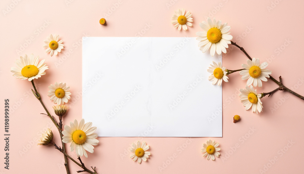 Fototapeta premium An empty white postcard surrounded by dried daisies on a cream background