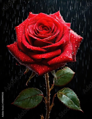 Red rose with water drops and rain, red rose on a black isolated background