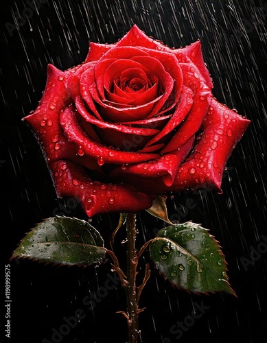 Red rose with water drops and rain, red rose on a black isolated background