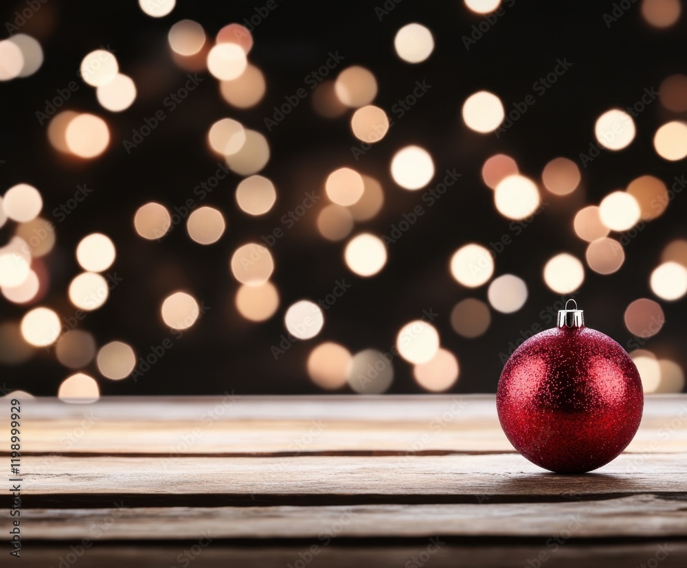 Red Christmas ornament with festive bokeh lights Red Christmas ornament with festive bokeh lights