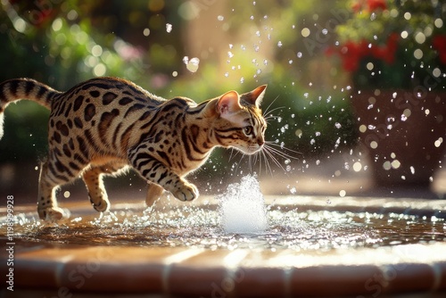 Dynamic Bengal cat leaping in sunny garden fountain scene