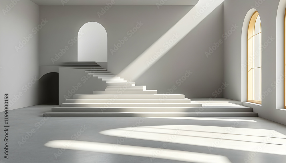 Sunlit minimalist hall staircase, arched windows, presentation Sunlit minimalist hall staircase, arched windows, presentation