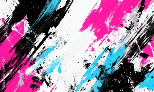 A high-contrast abstract design with bold black and white brushstrokes, interspersed with splashes of bright colors like neon pink and electric blue for a striking, edgy appearance  photo