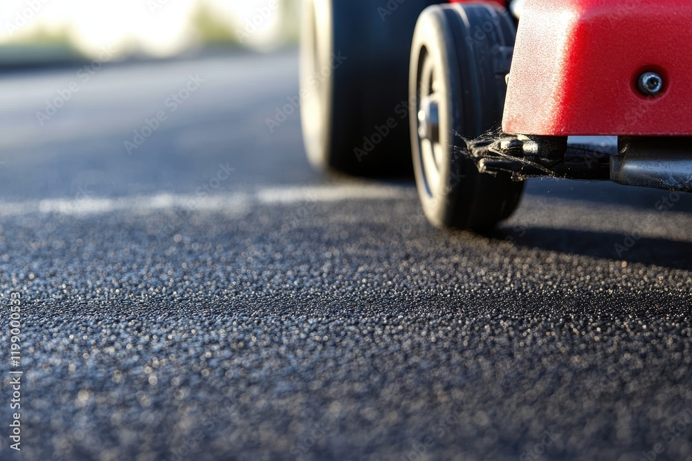 Close-Up View of a Small Red Vehicle Wheel on an Asphalt Road Highlighting Texture and Detail for Automotive or Transport-Themed Projects Close-Up View of a Small Red Vehicle Wheel on an Asphalt Road Highlighting Texture and Detail for Automotive or Transport-Themed Projects