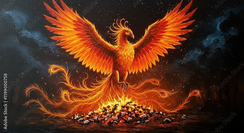 Majestic phoenix rising from fiery ashes in a night sky Majestic phoenix rising from fiery ashes in a night sky