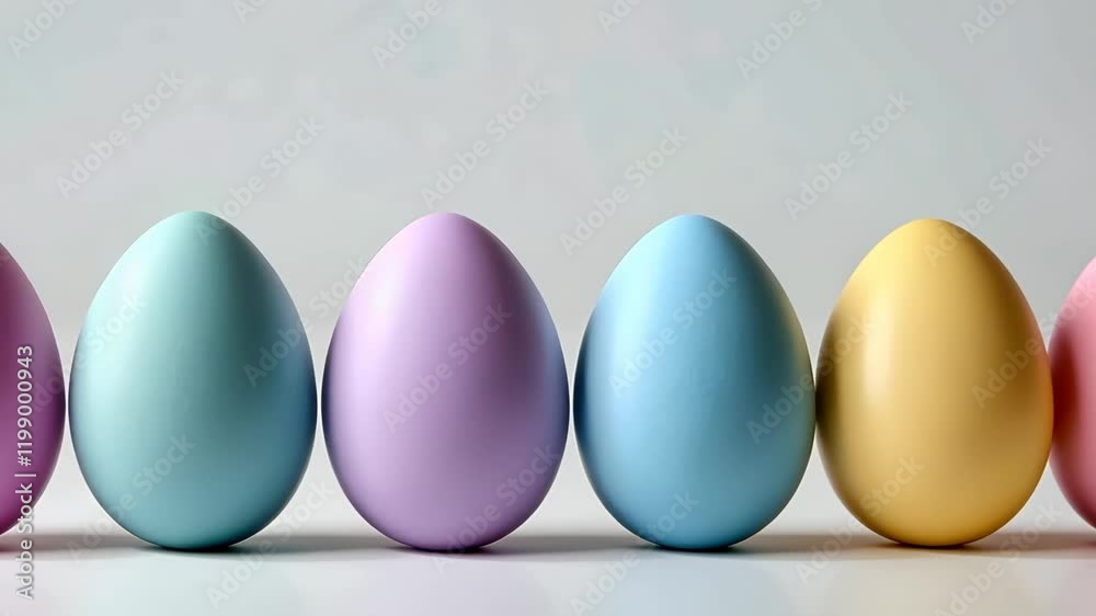 Row of colorful eggs are lined up on a white background. The eggs are of different colors, including pink, yellow, and blue. Concept of joy and celebration