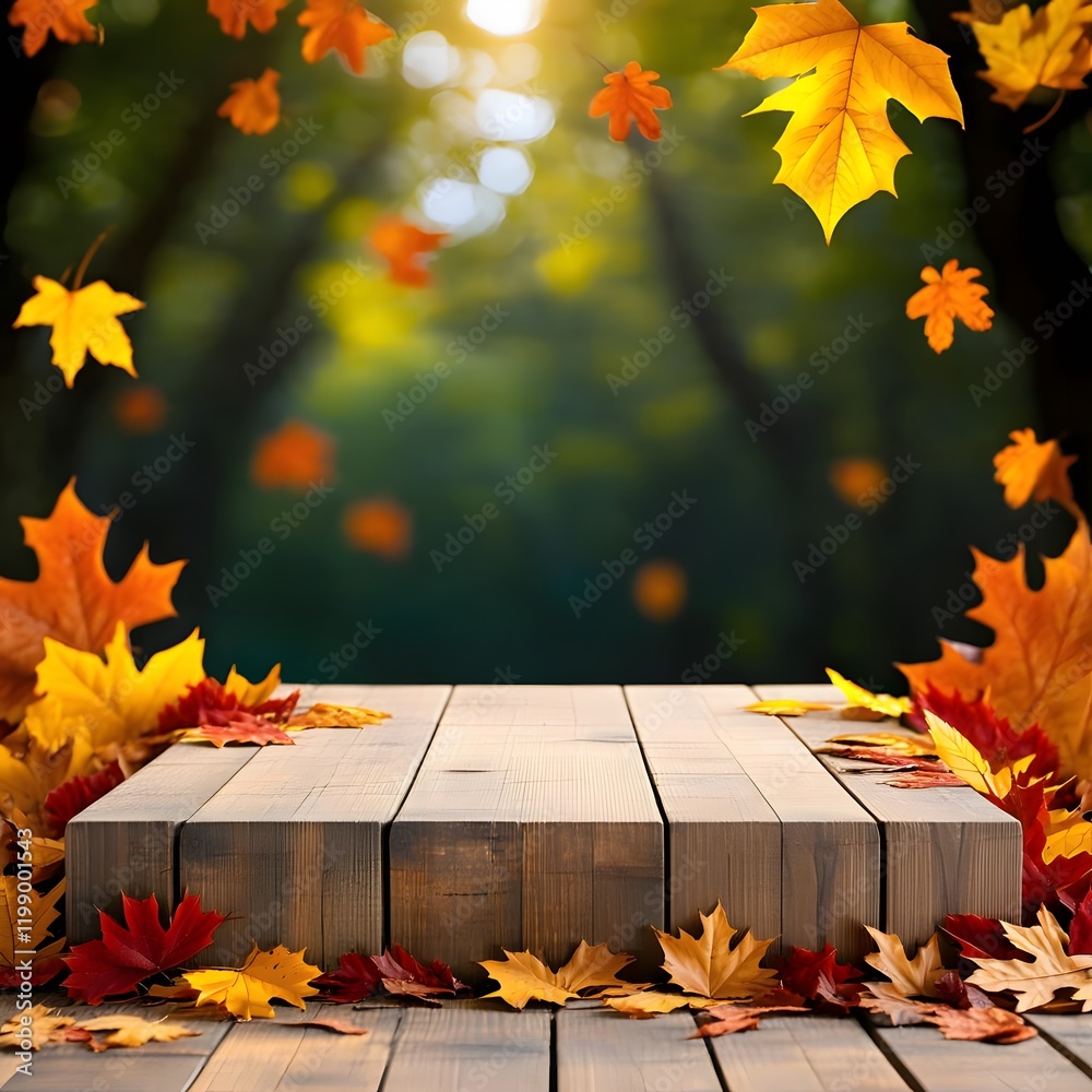 Obraz premium Autumn Leaves Wood Podium in Natural Setting