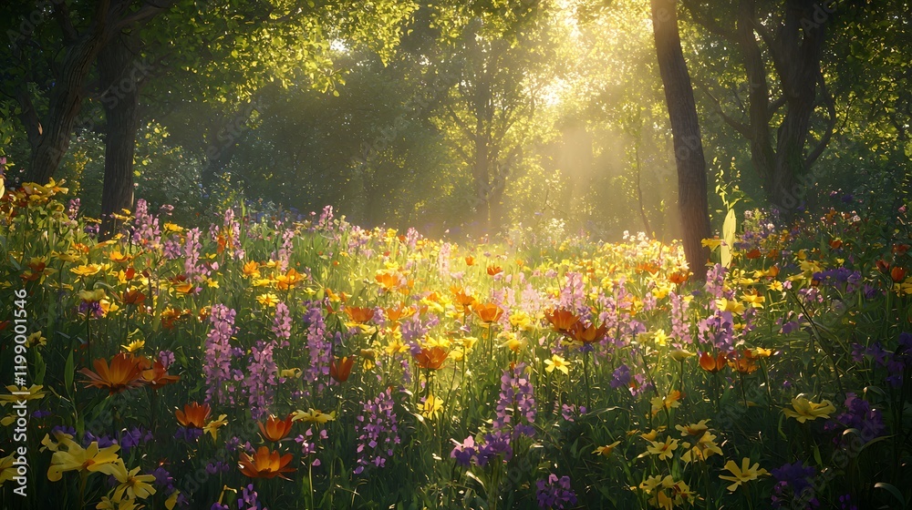 Obraz premium A hidden glade filled with wildflowers, the soft hum of bees in the air