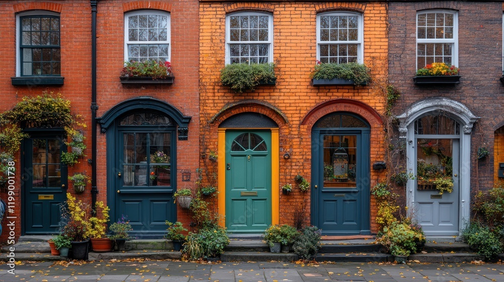 Obraz premium Colorful row of charming houses with vibrant doors and plants, showcasing autumn foliage in a cozy neighborhood