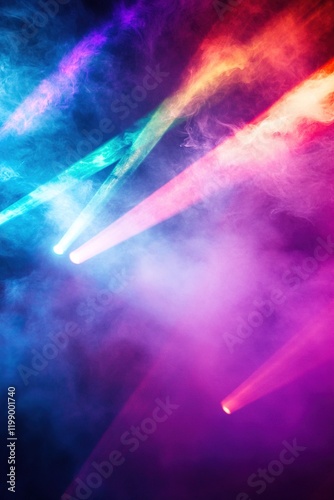 Vibrant smoke clouds in energetic colors create a mysterious atmosphere, complemented by laser light beams cutting through the dark gradient background, perfect for various creative applications photo