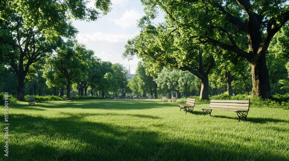 Serene park scene with benches amidst lush greenery and trees. Serene park scene with benches amidst lush greenery and trees.