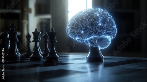 Holographic brain on chessboard, strategy, intellect, future, innovation,  digital, technology,  thinking,  intelligence,  solution,  problem,  analysis,  logic,  thinking,  learning,  knowledge,  edu photo