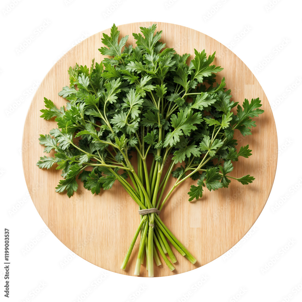 Fresh parsley bunch on a round wooden cutting board isolated on a transparent background