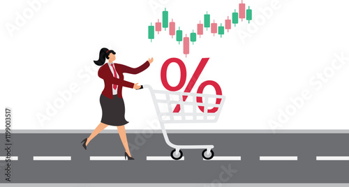 Big discounts or increased dividends from stock investments with happy businesswoman carrying big percentage icon in shopping cart, stock market rising up from economic recovery concept