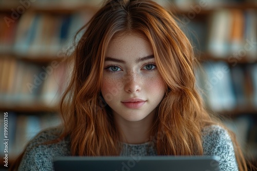 A woman with bright red hair sits in front of a computer, typing away